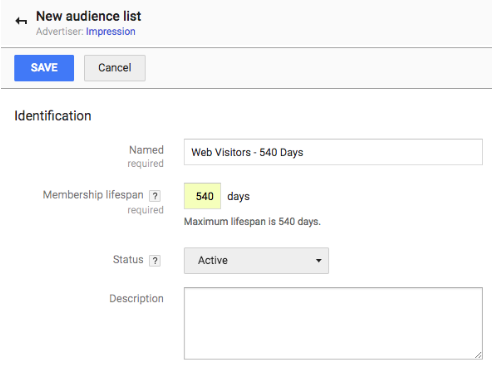 New audience list module where you can set and save a specific audience identifications with Name, membership lifespan, status, and description.