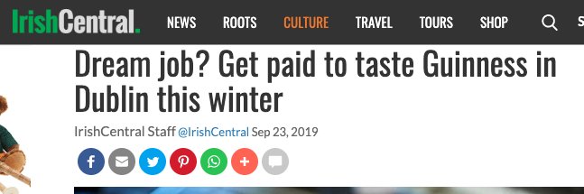 Irish Central: Dream job? Get paid to taste Guinness in Dublin this winter.
