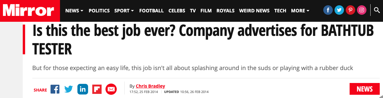 The Mirror: Is this the best job ever? Company advertises for bathtub tester.