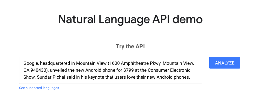Screenshot of Google's natural language API demo.