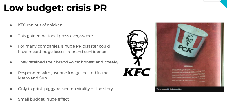 Low budget: crisis PR. KFC ran out of chicken. This gained national press everywhere. For many companies, a huge PR disaster could have meant huge losses in brand confidence. They retained their brand voice: honest and cheeky. Responded with just on image, posted in the Metro and Sun. Only in print: piggybacked on virality of the story. Small budget, huge effect.