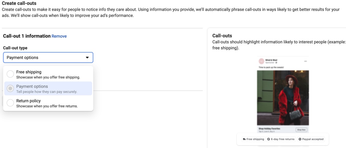 Creative call-outs with 3 information call-outs including free shipping, payment options, and return policy.
