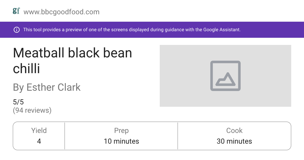 Preview display for recipe schema: Meatball black bean chilli from BBC good food.